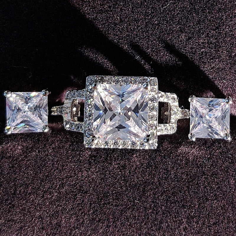 Silver Jewelry Set Halo Engagement Ring Round Stud  Wedding Valentine's Gift X - Trendycomfy